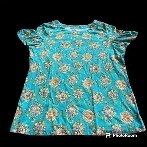 Kim Rogers teal floral pattern tshirt
